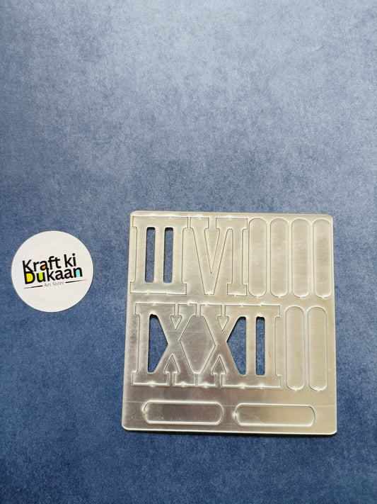 Silver acrylic Roman numerals and stick markers set on rectangular sheet