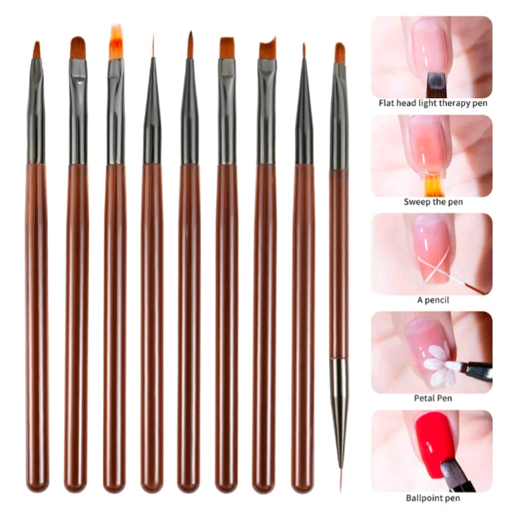 9-piece paint brush set with brown handles and mixed fine bristles