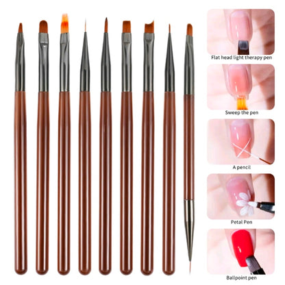 9-piece paint brush set with brown handles and mixed fine bristles