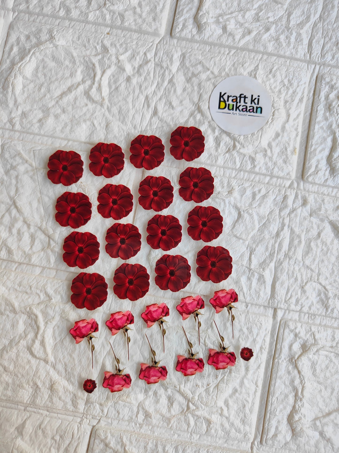 Peel-off sticker sheet with red and pink flower decals, sheet of assorted blossoms