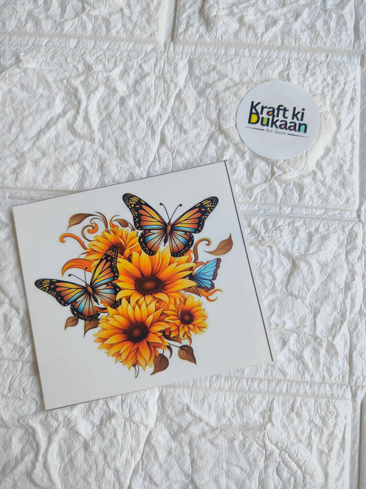 Mini color sticker sheet with orange sunflower-like flowers and blue-orange butterflies