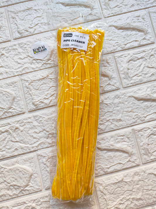 Yellow pipe cleaners pack, 100 flexible craft stems in a plastic bag.