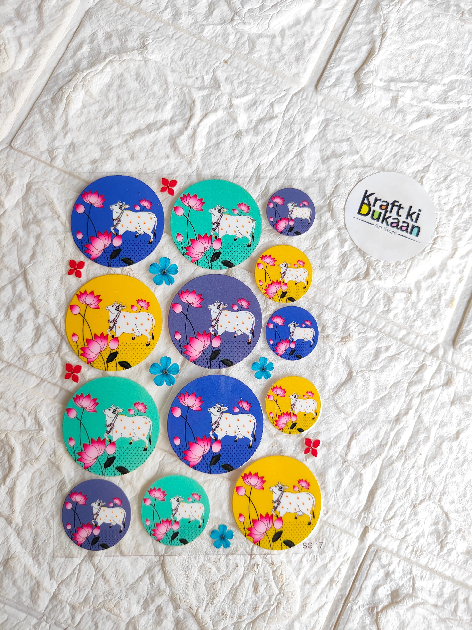 Peel-off sticker sheet with round floral cartoon designs
