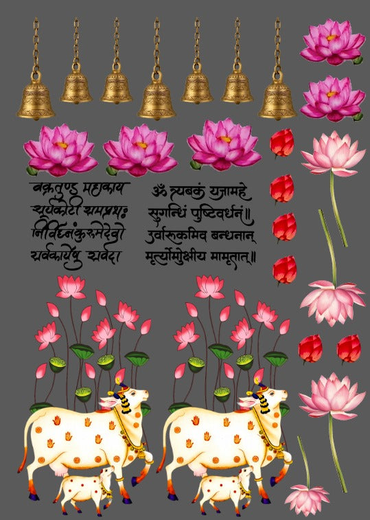 Peel-off sticker sheet with pink lotus flowers, red petals, and gold hanging bells