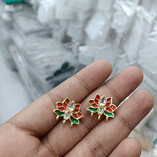Lotus kundan stud earrings, red and green enamel with white stones (pair)