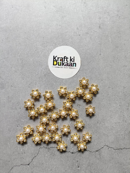 Gold pearl diamond beads with clustered round settings and white pearl centers