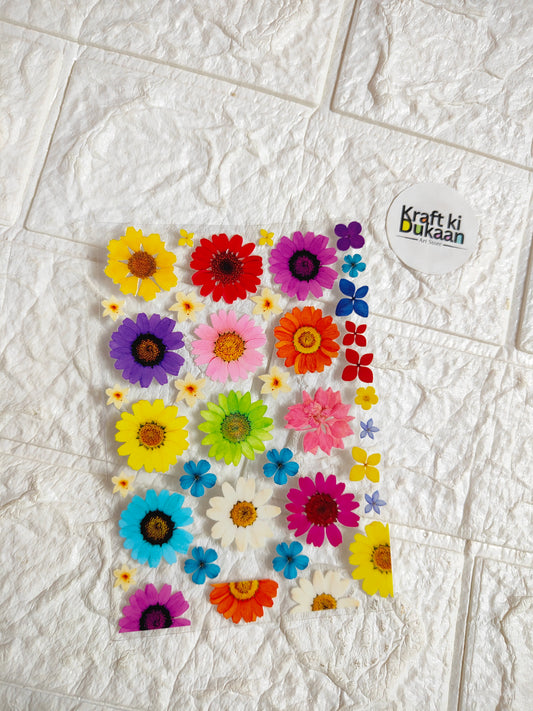 Flower sticker sheet with colorful 3D-like blossoms, peel-off design