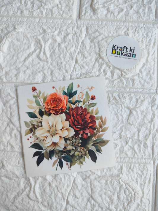 Floral sticker sheet with orange and red roses and white flowers on a square card