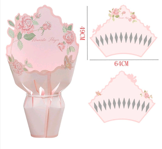 Pastel pink floral cardboard flower wrap with candle holder, size markings on layout
