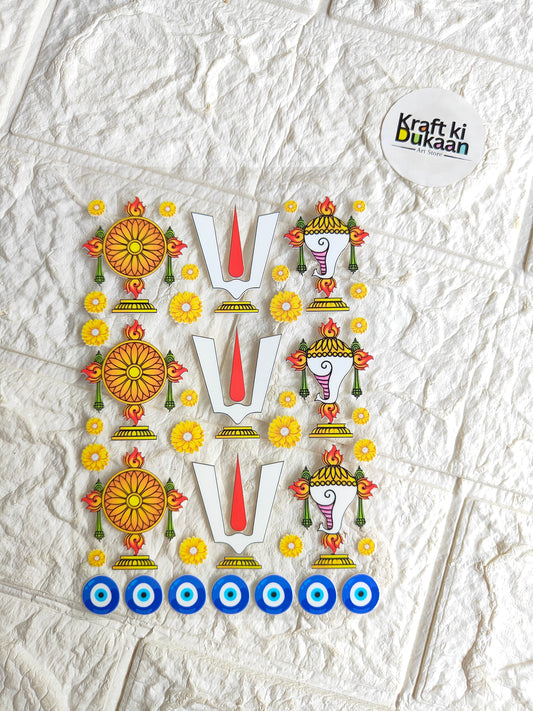 Peel-off sticker sheet with colorful floral and deity-style icons, circular motifs, and “V” shapes