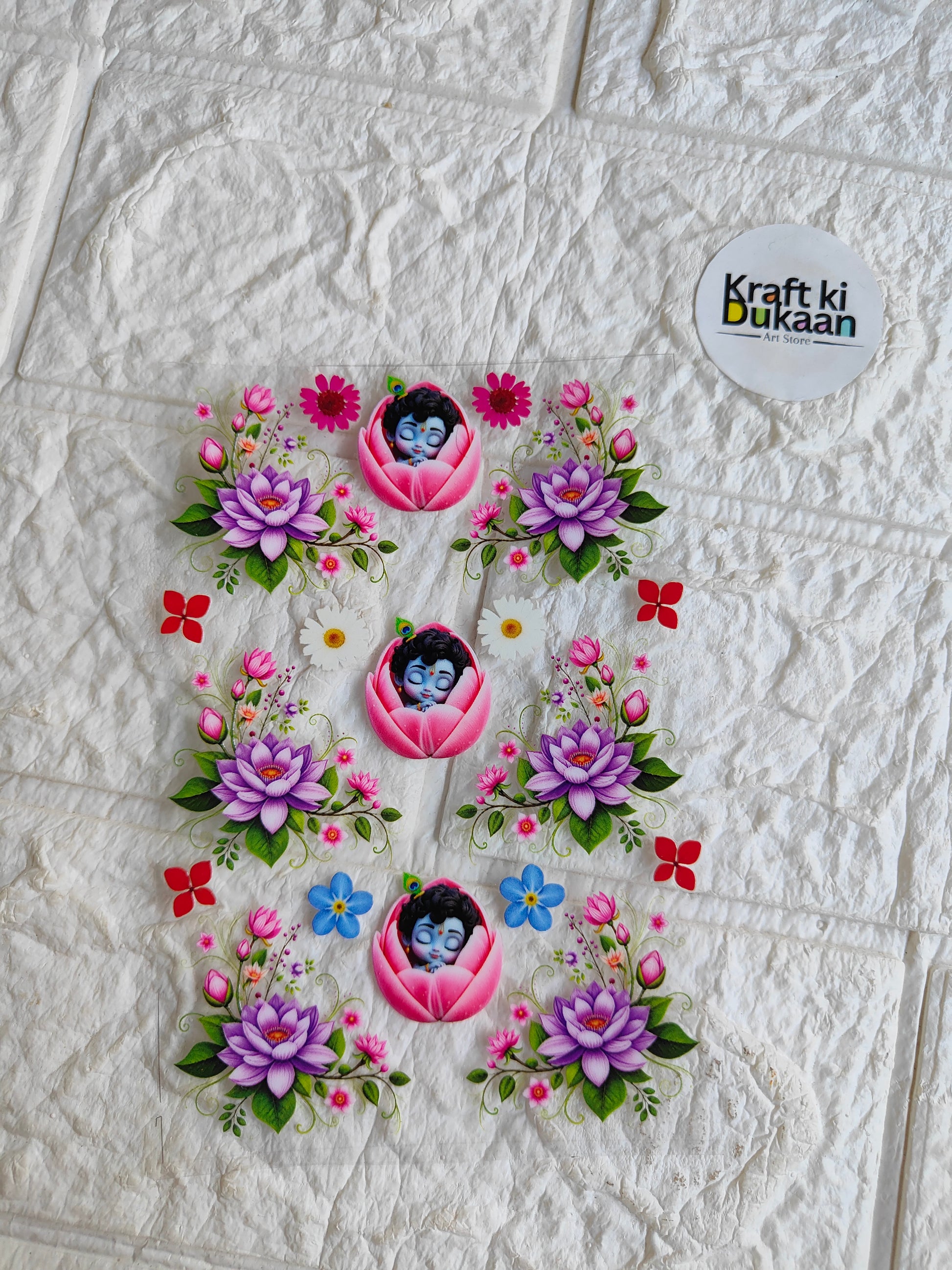 UV DTF peel-off sticker sheet with pink, purple floral and face motifs