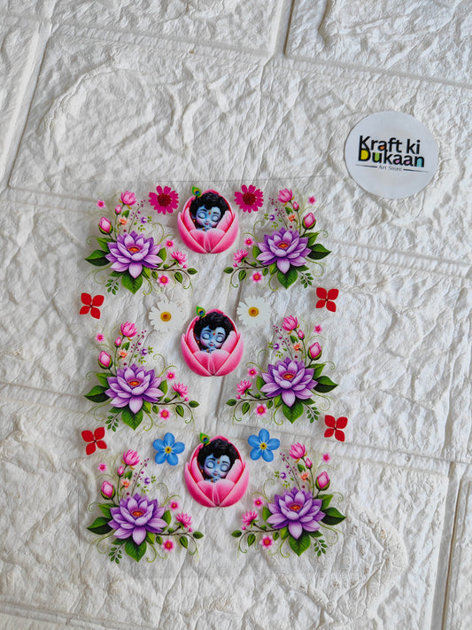 UV DTF peel-off sticker sheet with pink, purple floral and face motifs