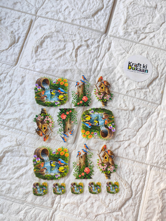 UV DTF peel-off sticker sheet with colorful bird-and-flower designs, multiple shapes