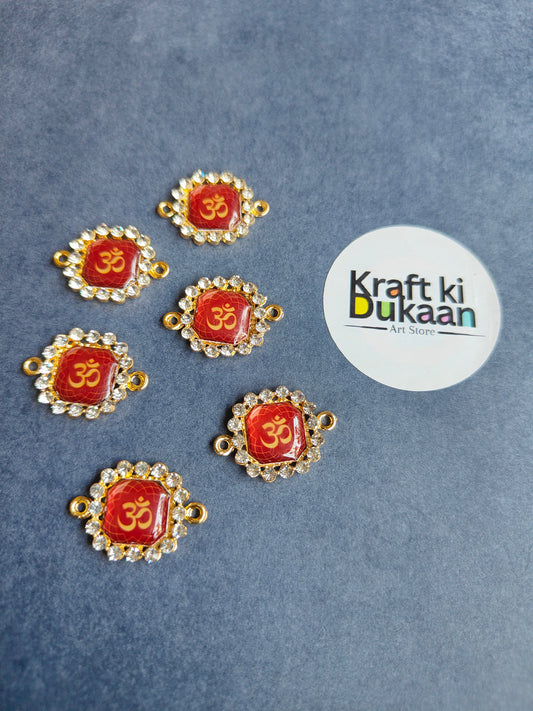 Rakhi bracelet pendant set of 6 with red Om 3 design and gold-tone rings