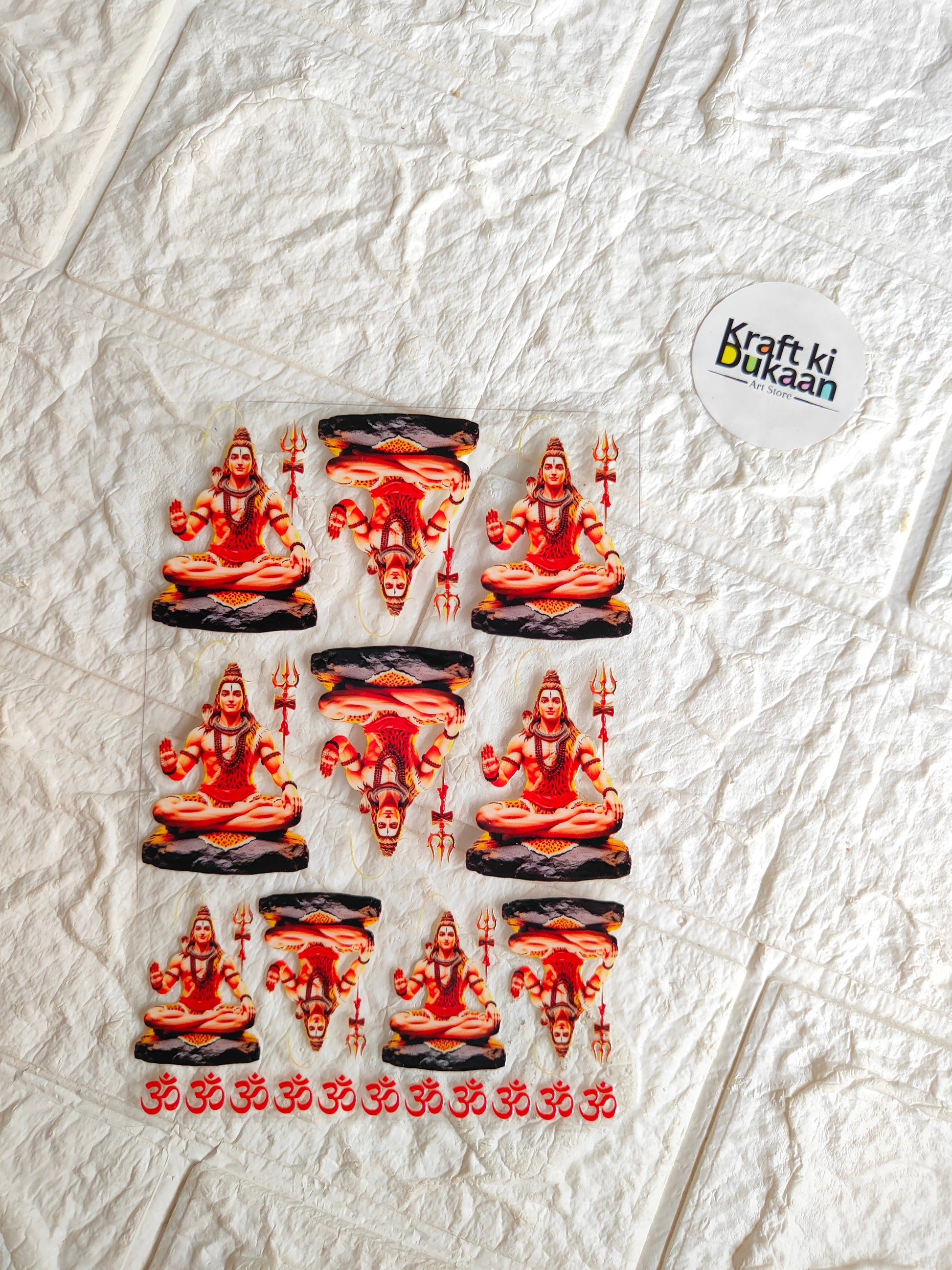 UV DTF peel-off sticker sheet with orange/red deity figure decals, Kraft ki Dukaan logo