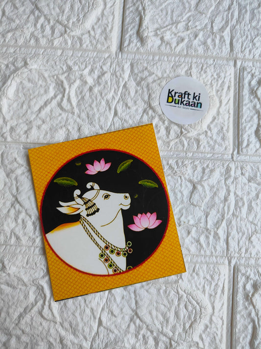 Mini colour sticker sheet with circular dog and lotus illustration on yellow backing