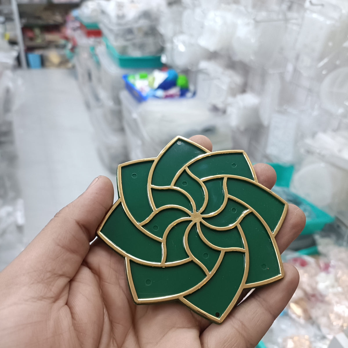 4-inch acrylic rangoli tealight base, dark green petals with gold outline—set of 2