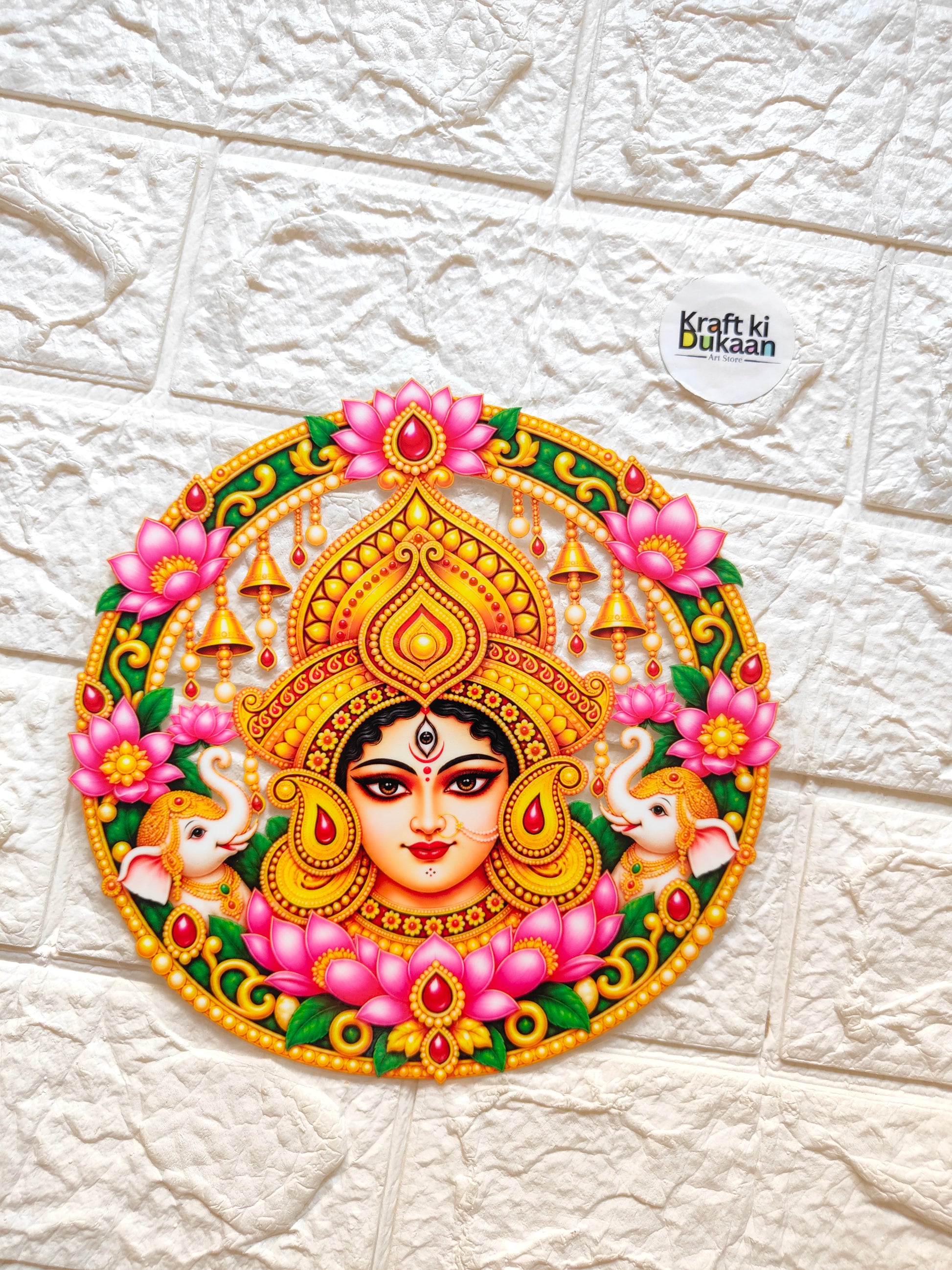 Round multicolor peel-off sticker with detailed goddess face in ornate floral border