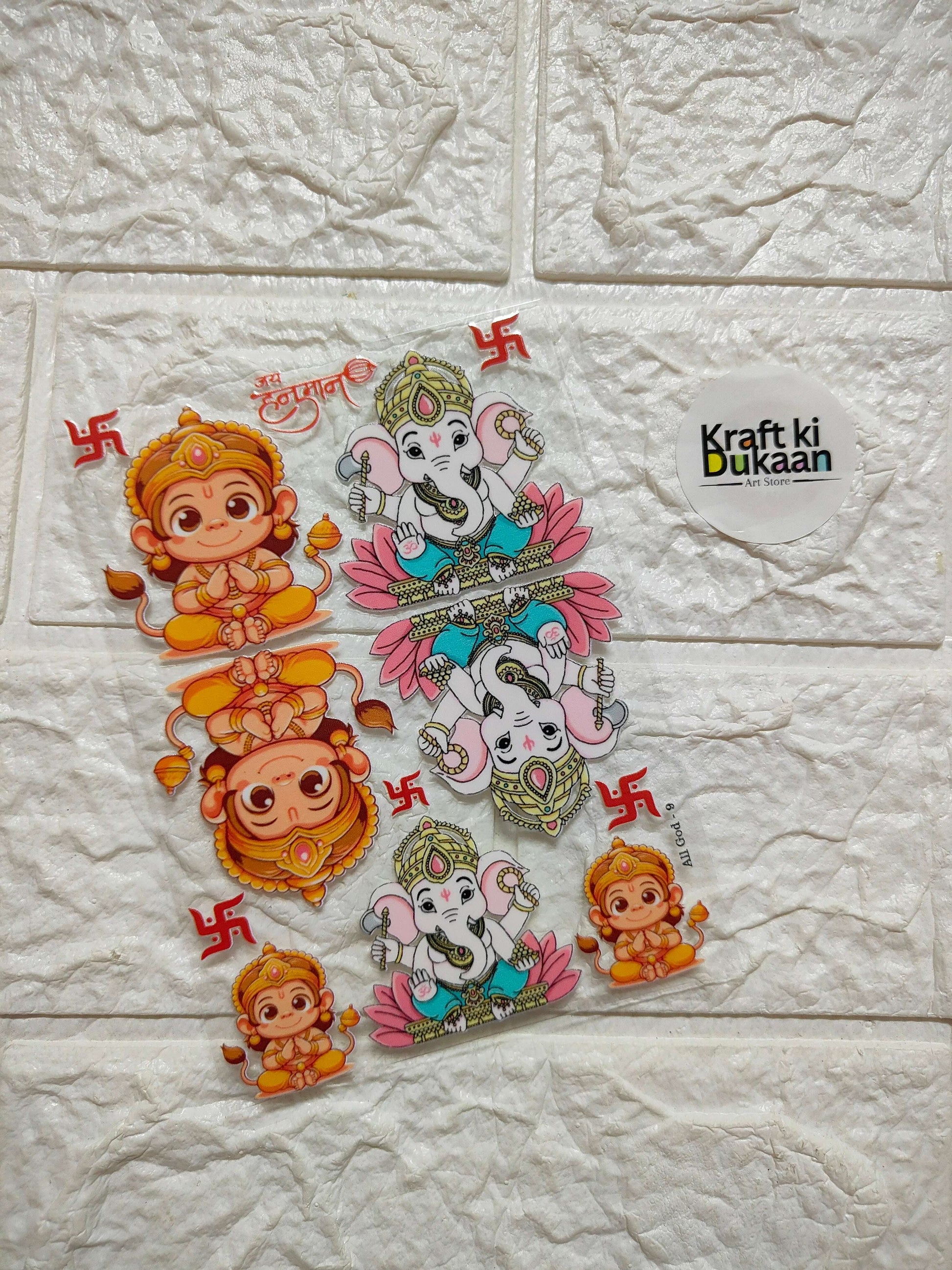 Peel-off sticker sheet with colorful cartoon deities and pink floral details