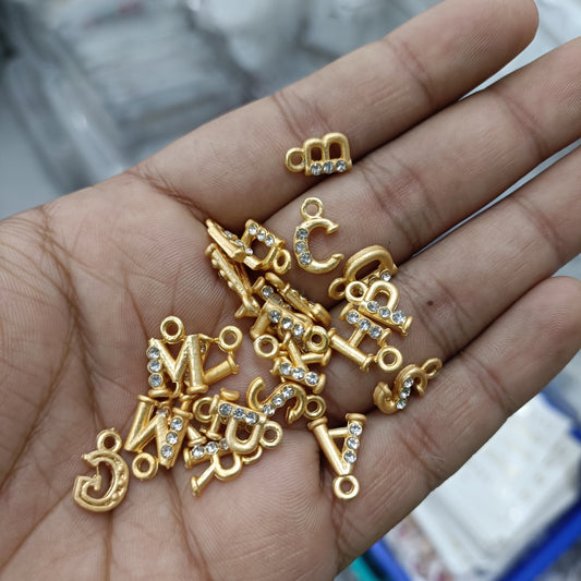Gold alphabet pendant charms with clear rhinestones, assorted letter shapes