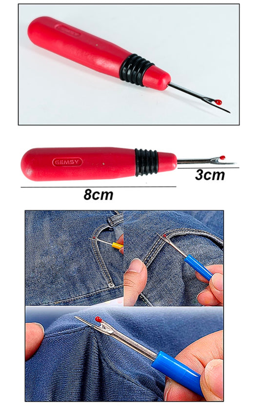 Red crochet thread cutter with black handle and metal blade; approx 8 cm length, 3 cm tip.