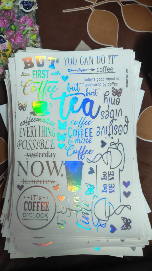 Holographic sticker sheet with coffee-themed words and icons, holographic foil finish.