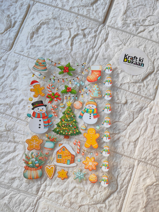 Christmas UV DTF peel-off sticker sheet with snowmen, trees, gingerbread and stars