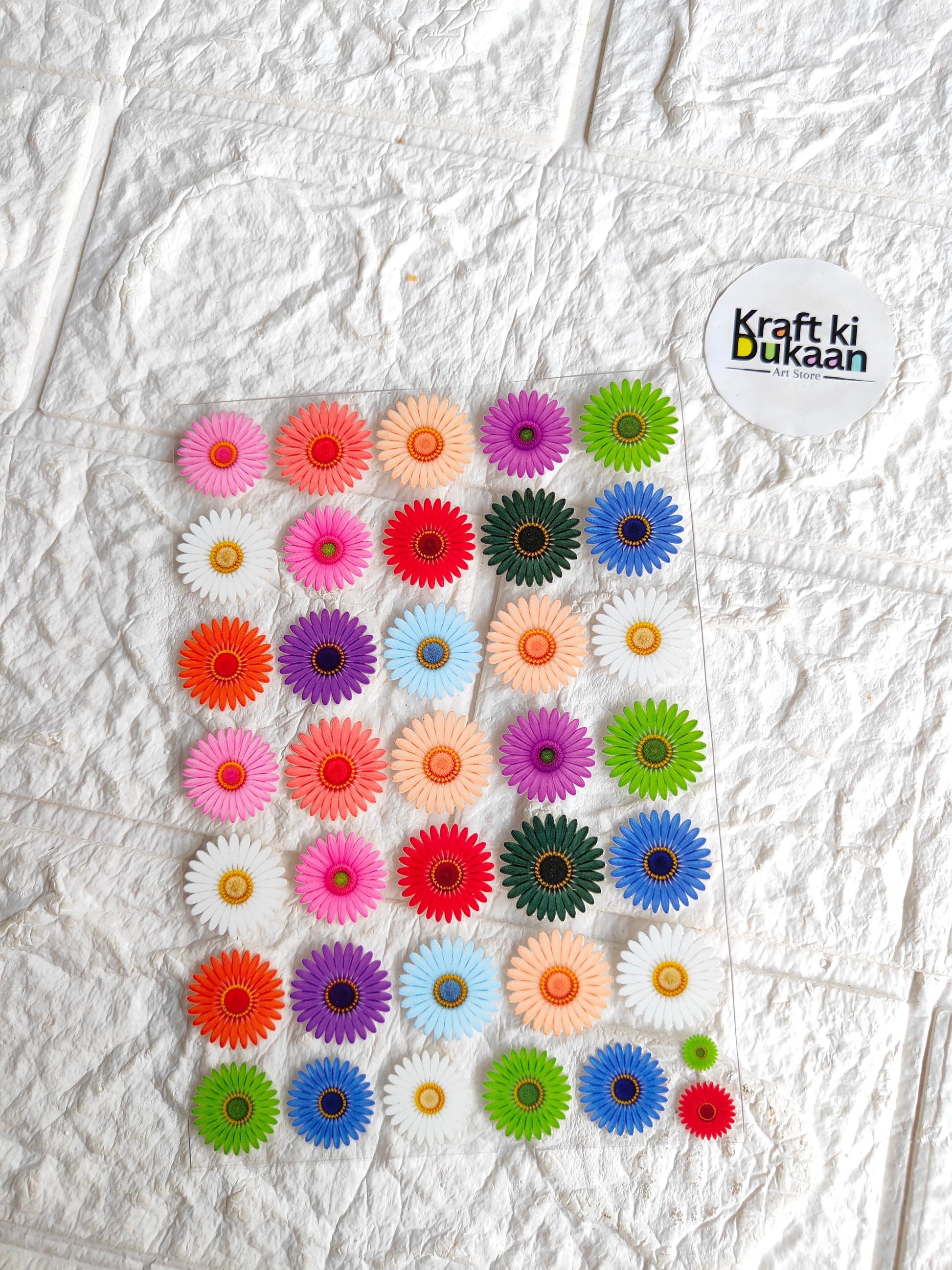 UV DTF peel-off sticker sheet with colorful flower rosette stickers, Kraft ki Dukaan logo