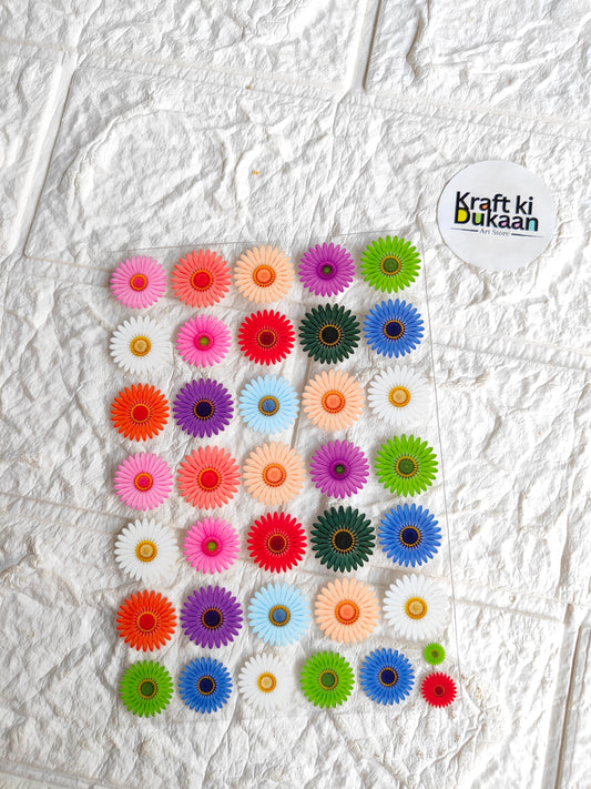 UV DTF peel-off sticker sheet with colorful flower rosette stickers, Kraft ki Dukaan logo