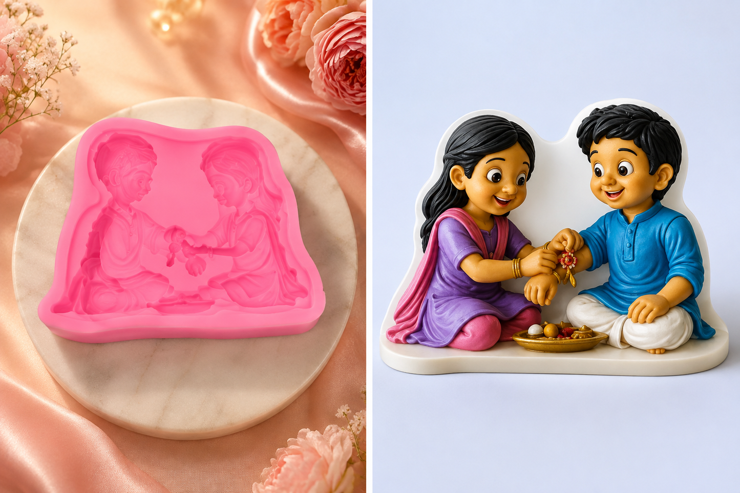 Pink silicone rakhi mould with two kids figure design and raised detailing