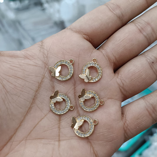 Gold-tone elephant charm pendants, circular rhinestone frames (set of 5)