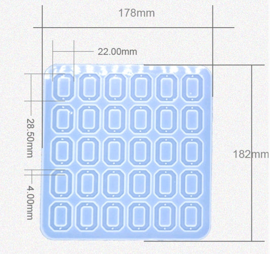 Blue 30-cavity rectangular jewelry mould with 6x5 cavity grid and outlined impressions