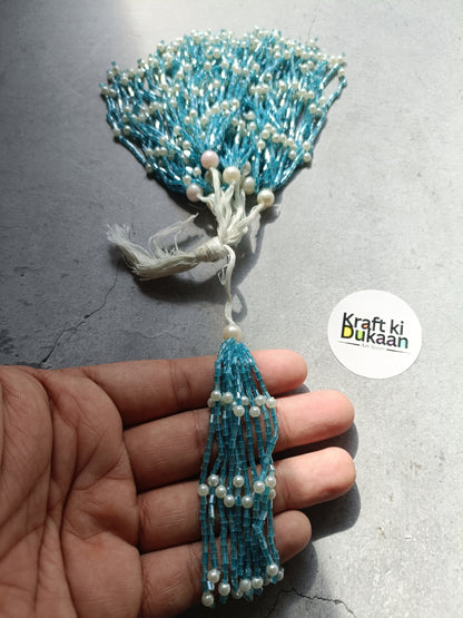 Blue beaded tassel latkan charm with pearl beads and hanging loop