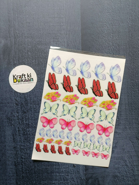 UV DTF peel-off sticker sheet J11, butterfly designs in blue, red and pink