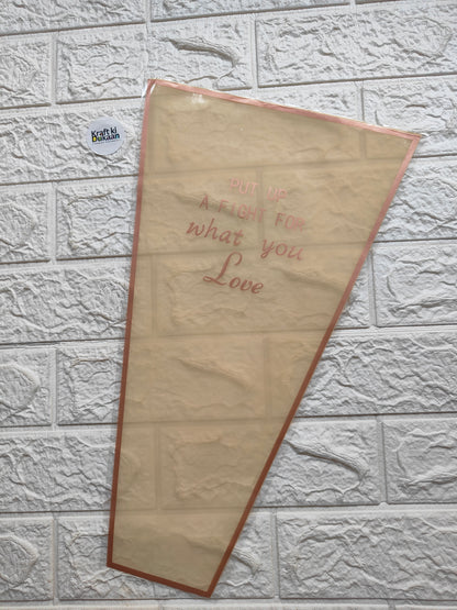 Bouquet cover sleeve in light beige with orange border and “Love” text