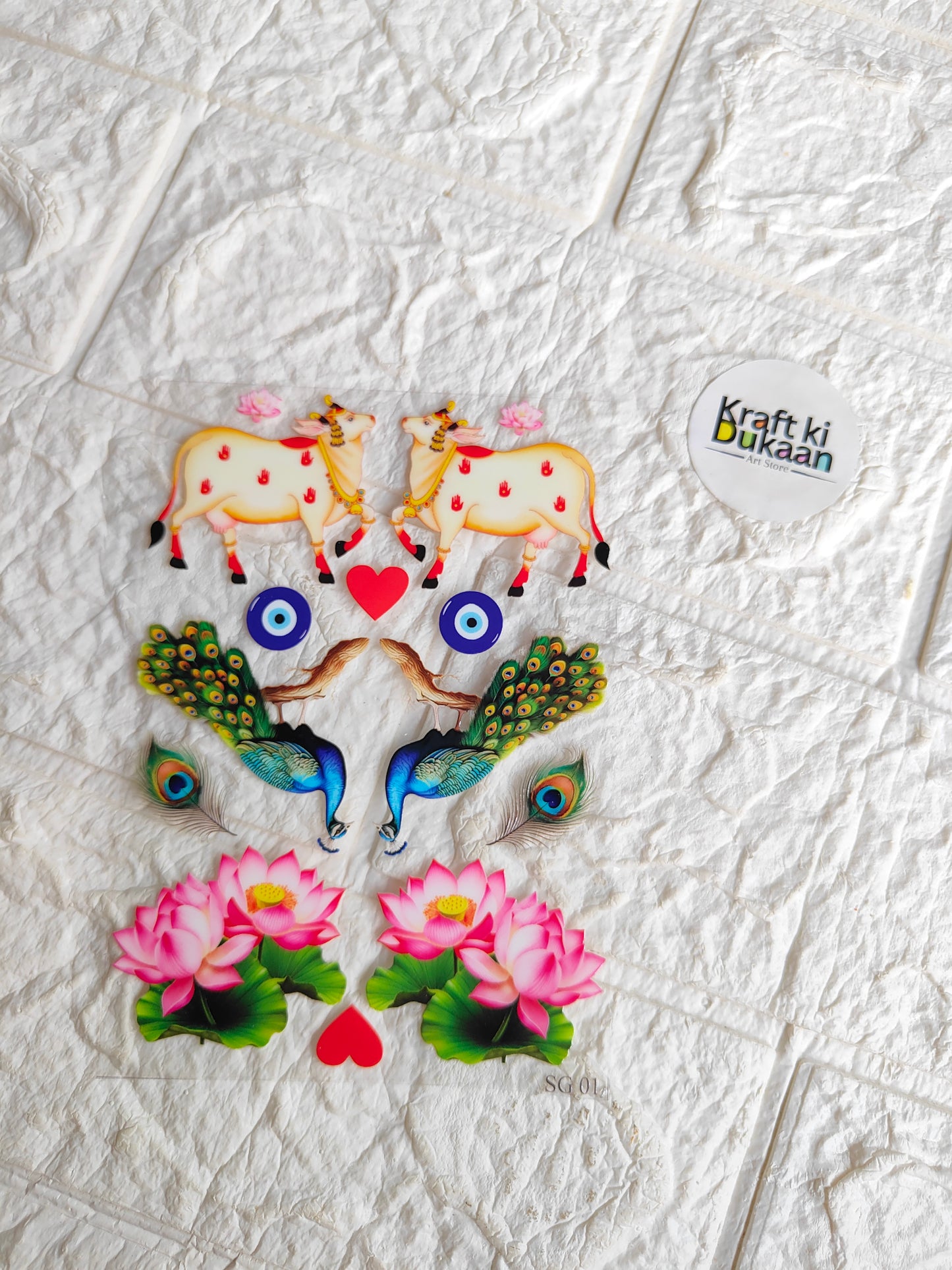 Peel-off sticker sheet with colorful peacock, flowers, and heart designs