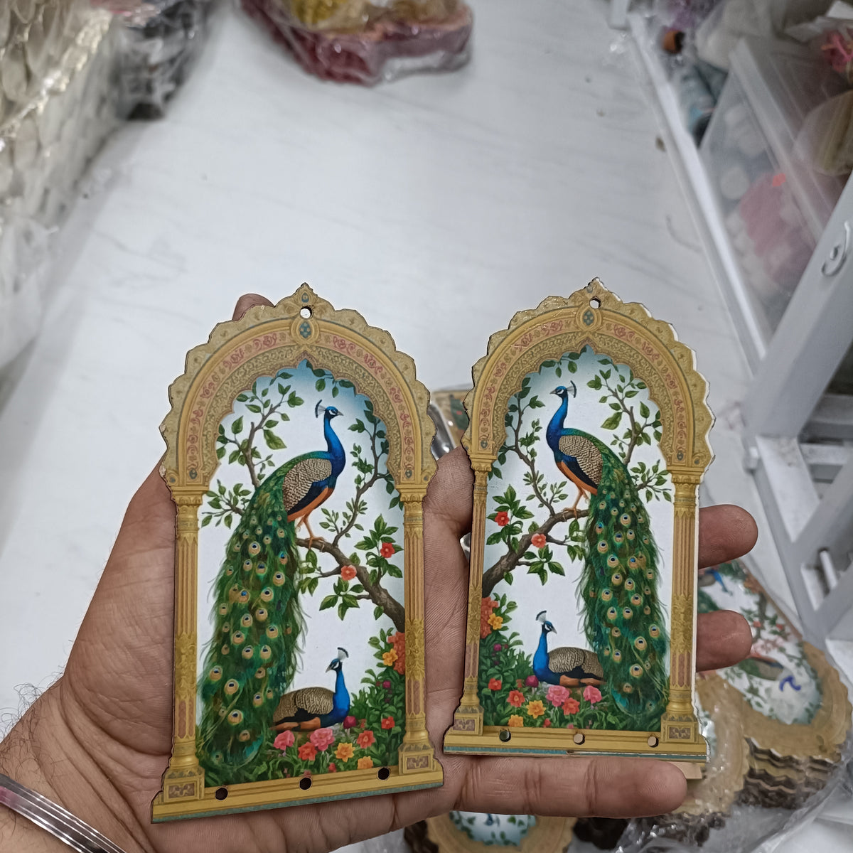 Peacock MDF wall art pair with arched frames and colorful bird illustrations