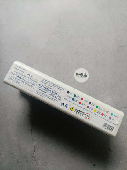 Poster colour paint tube with printed label, warning icons, and color dot strip