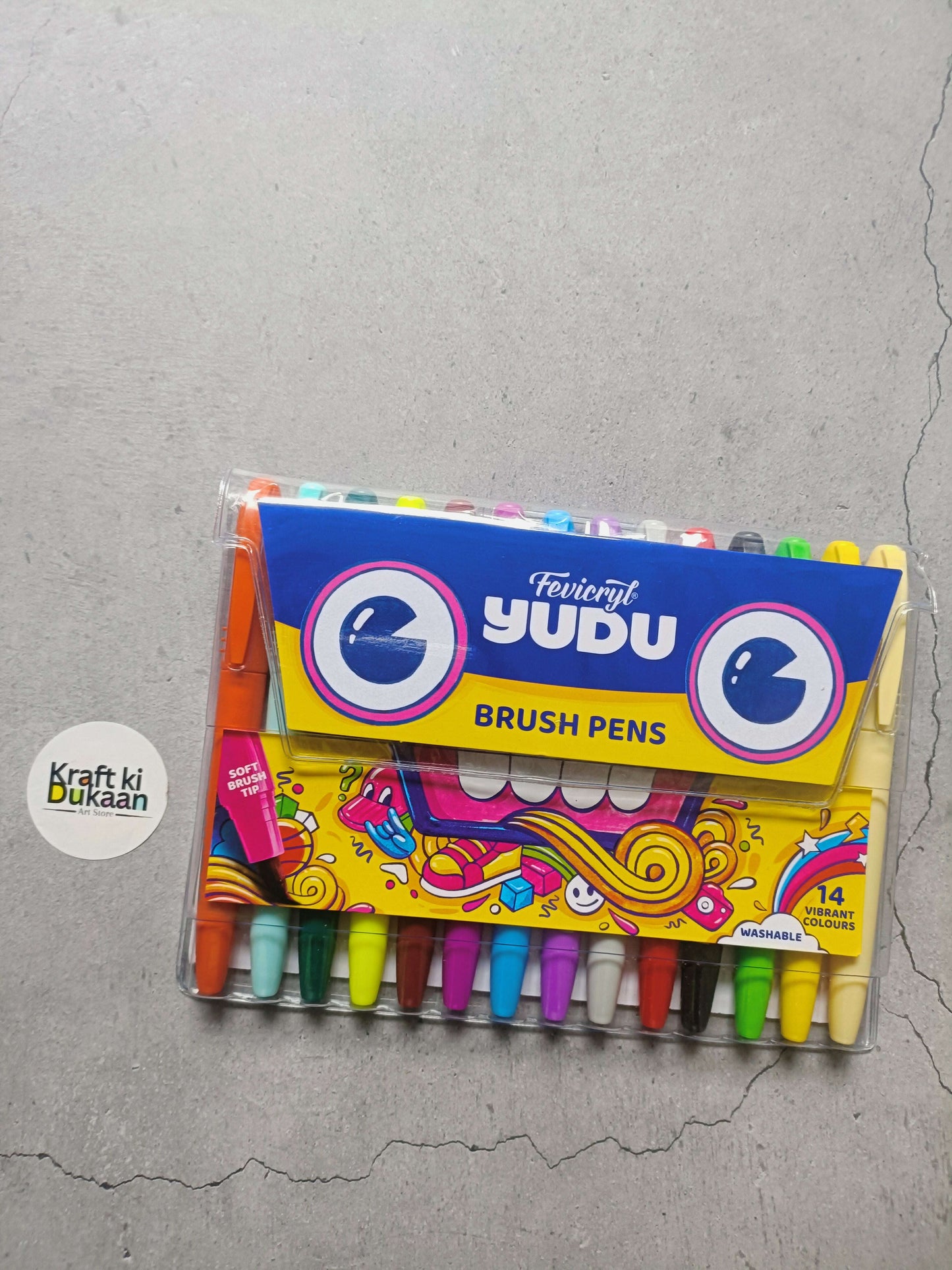 Fevicryl Yudu brush pens package with colorful tips visible through plastic