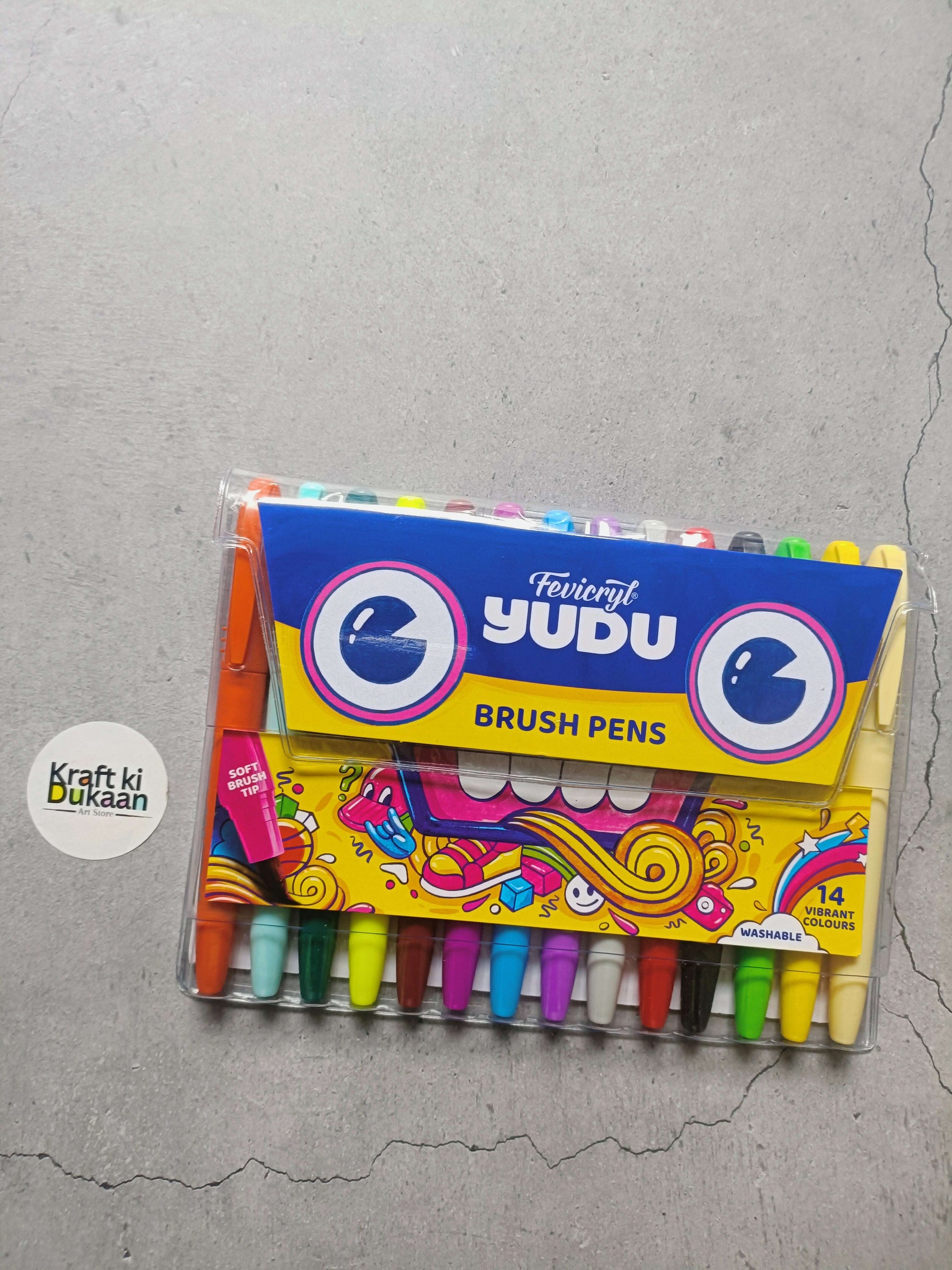 Fevicryl Yudu brush pens package with colorful tips visible through plastic