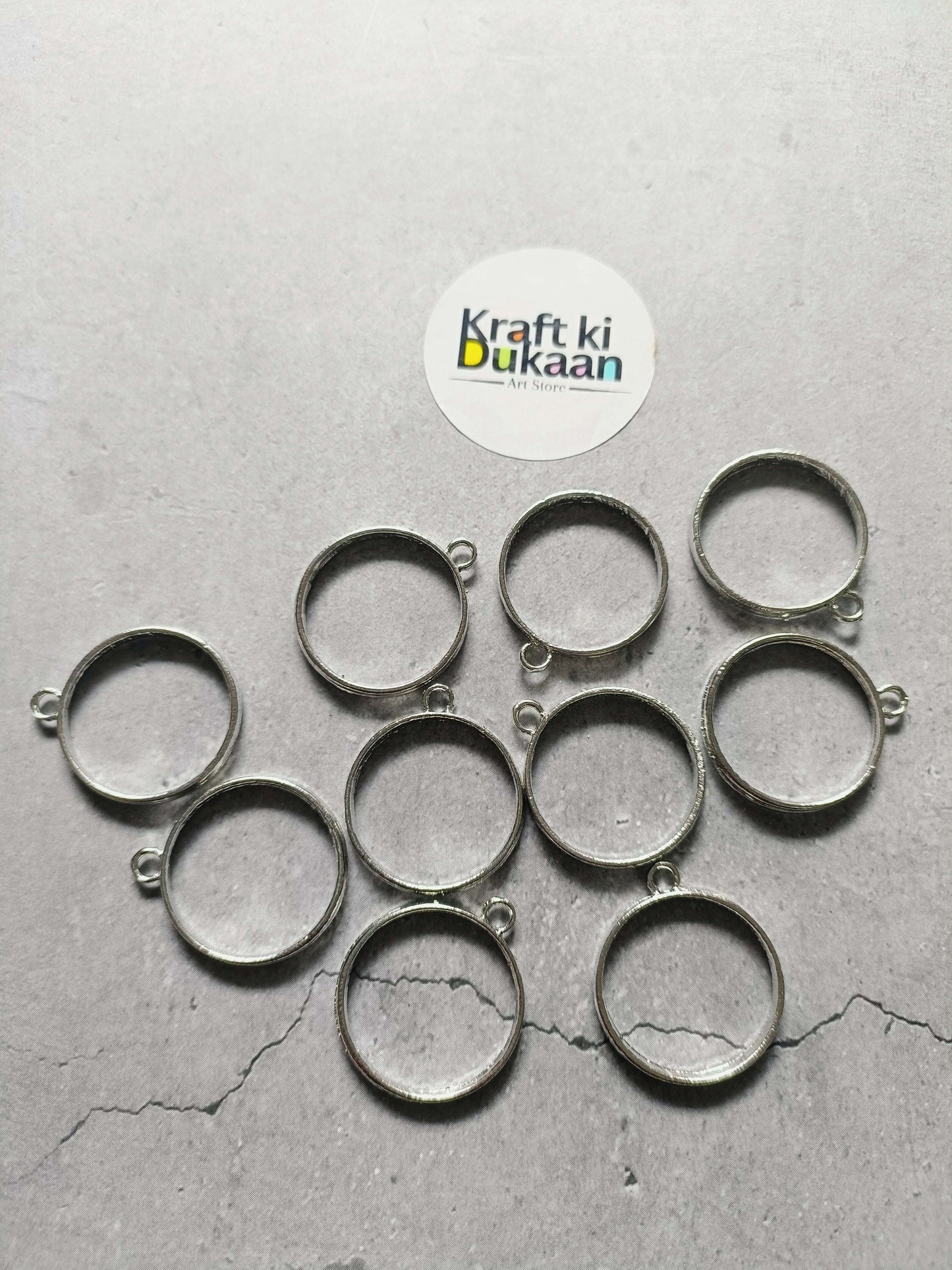 Round bezel pendant settings, silver-tone metal, 10-piece set