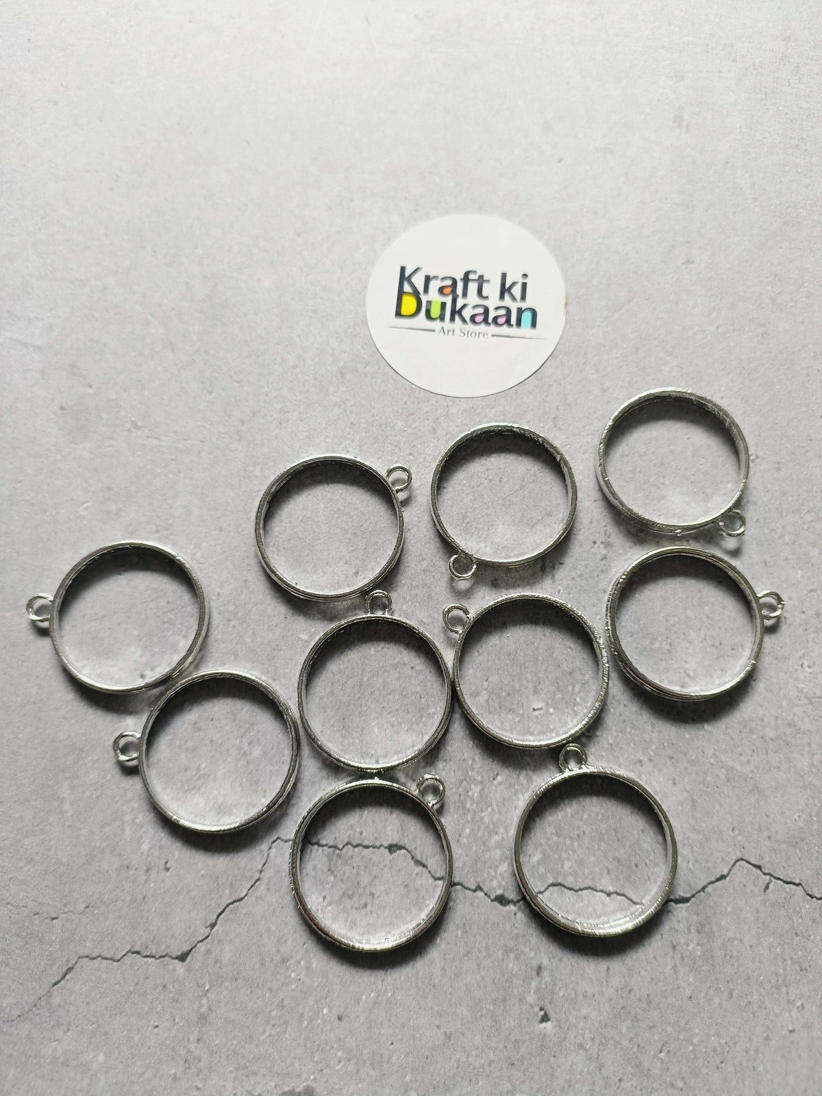 Round bezel pendant settings, silver-tone metal, 10-piece set
