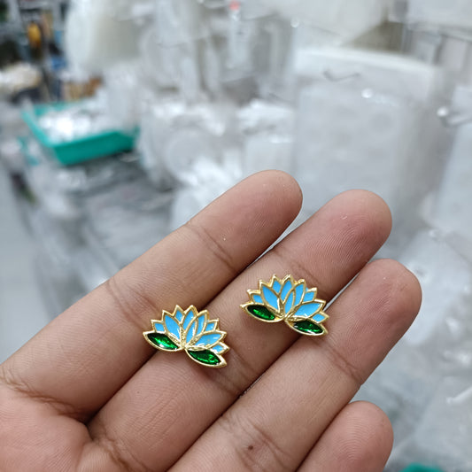 Gold-tone lotus kundan polki bead motif with blue enamel and green center, 2-pack