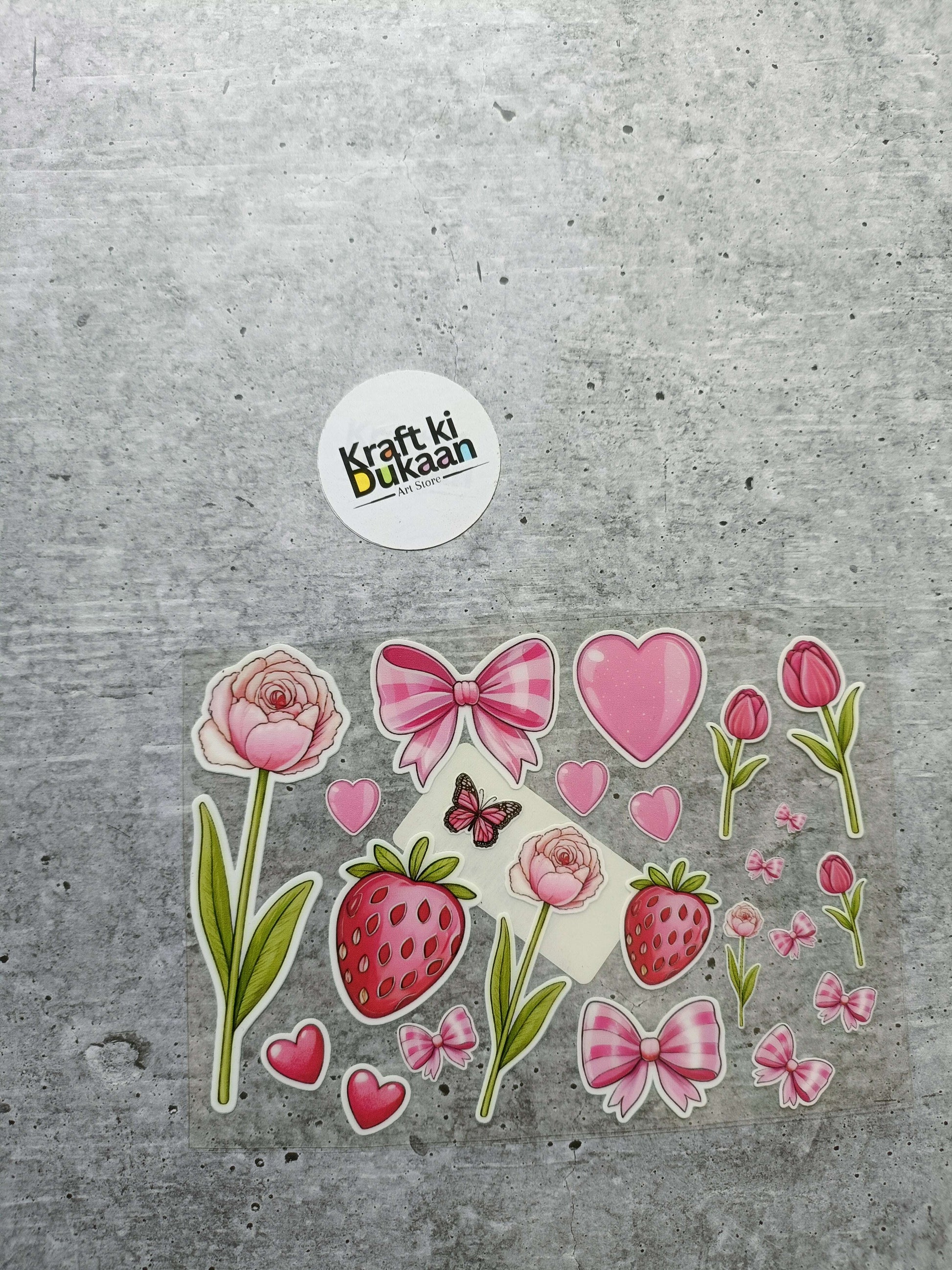 UV DTF Peel off sticker sheet J38 with roses, strawberries, hearts and bows