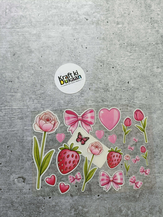 UV DTF Peel off sticker sheet J38 with roses, strawberries, hearts and bows
