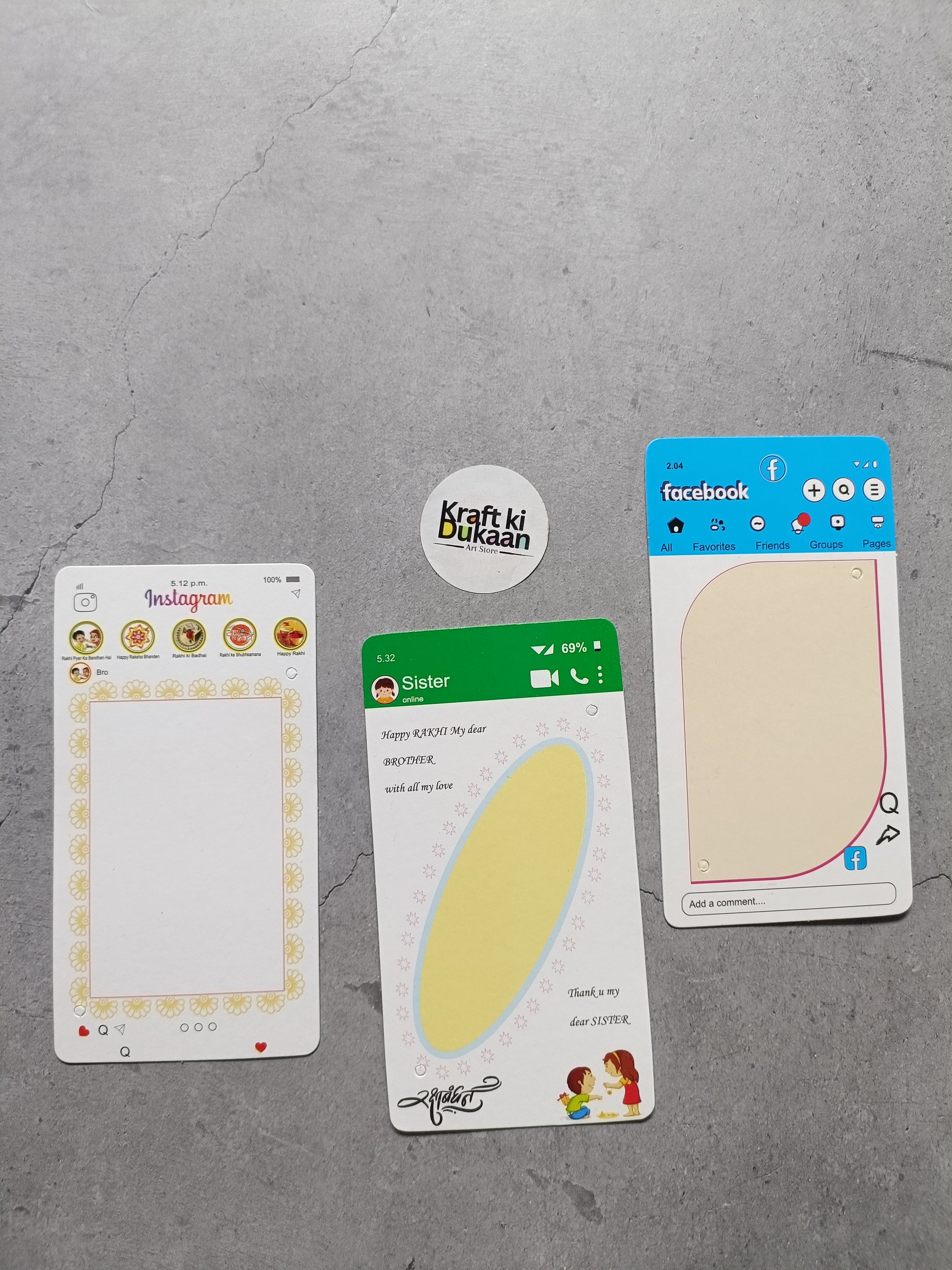 Rakhi greeting card set, three front cards shown with social icons and blank panels