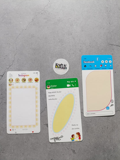 Rakhi greeting card set, three front cards shown with social icons and blank panels