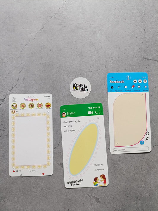 Rakhi greeting card set, three front cards shown with social icons and blank panels