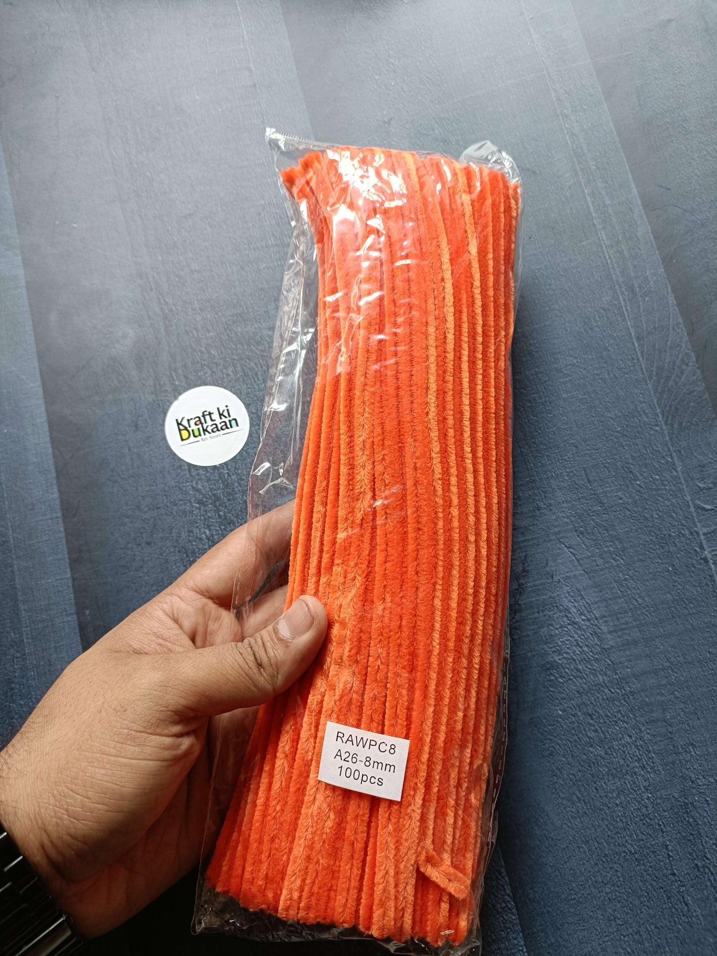 Kraft ki Dukaan pipe cleaner plain, orange, 8mm, 100 pcs in clear bag