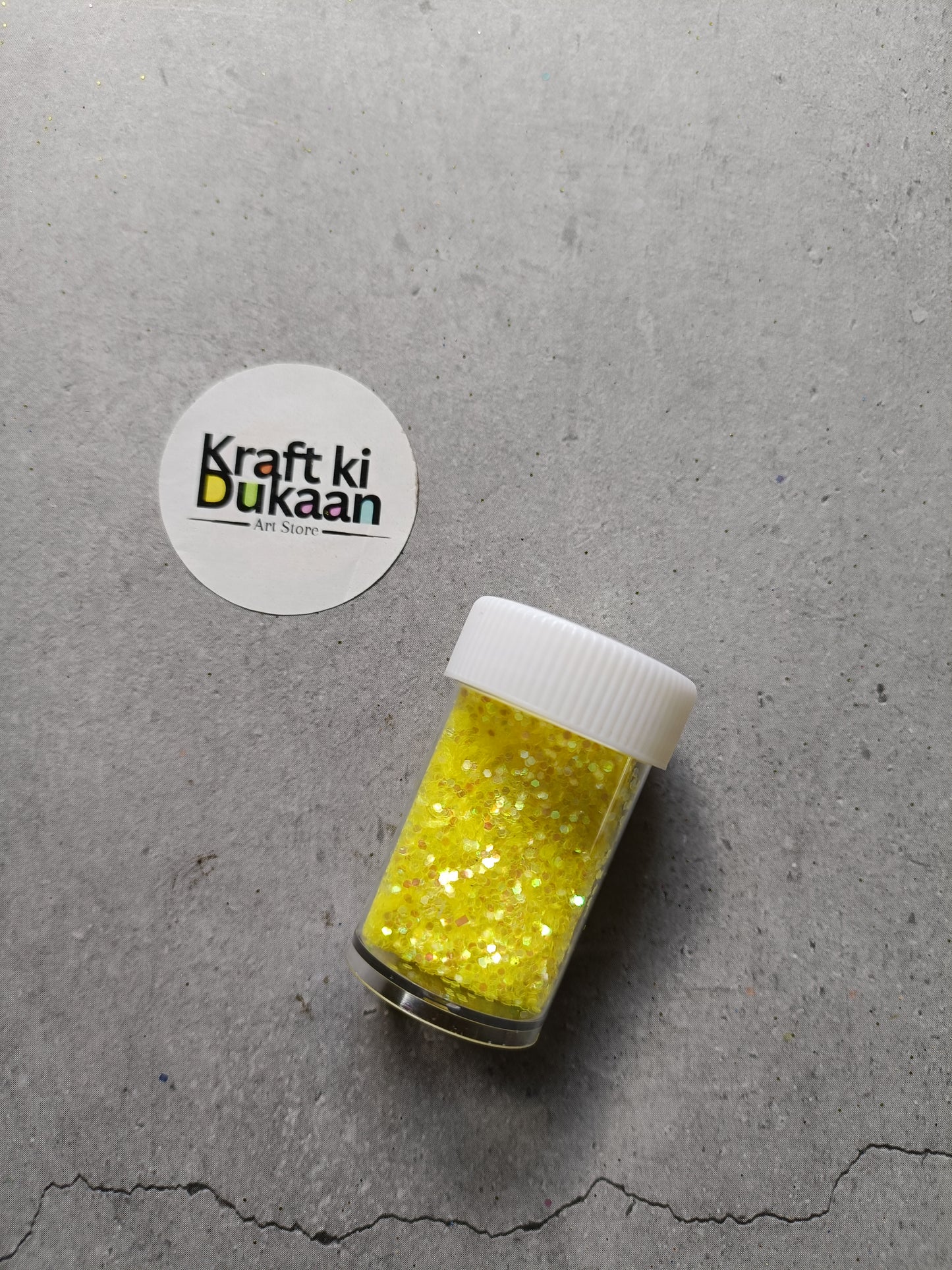 Yellow holo glitter jar with white ribbed lid